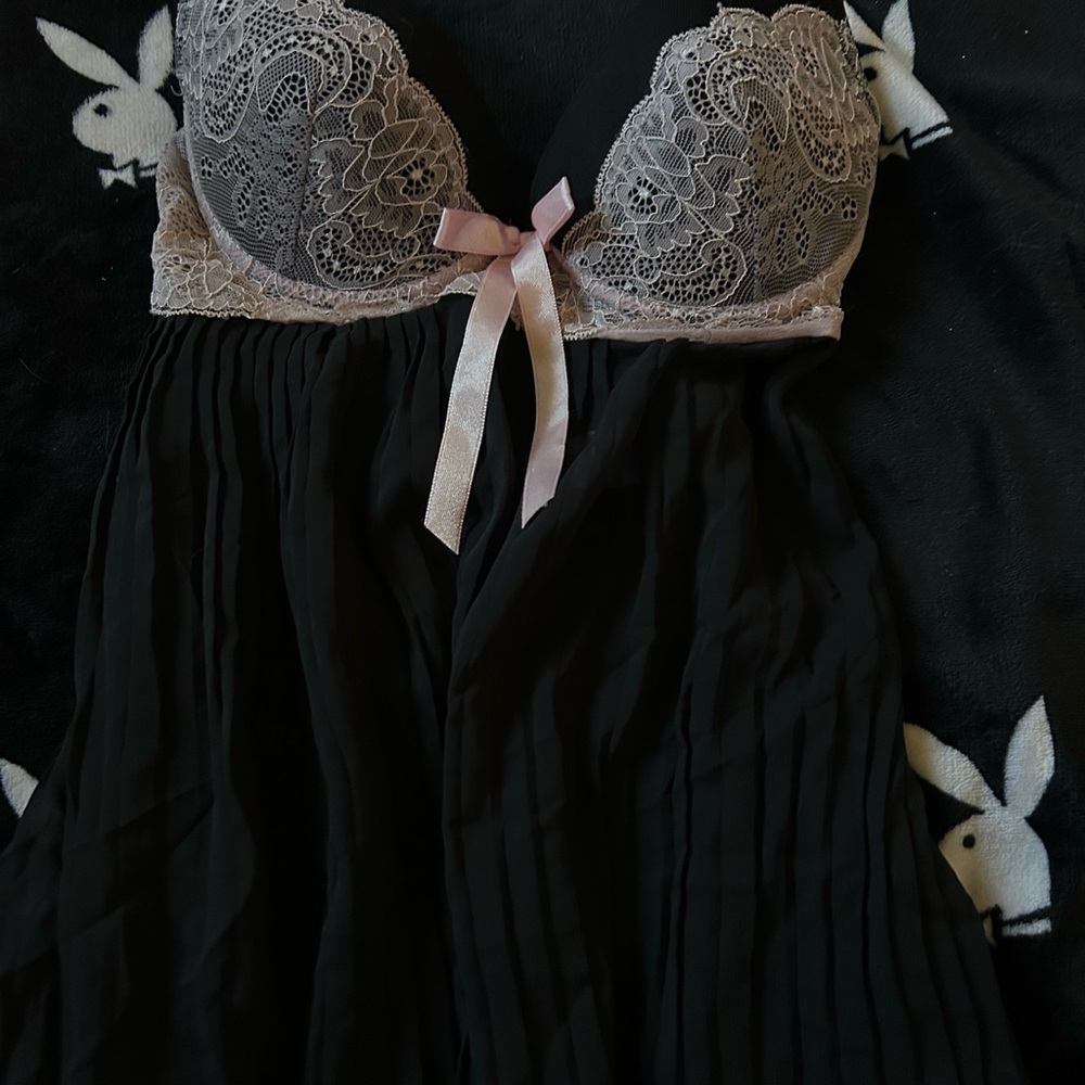 Black and Lace Lingerie with Pink Bow